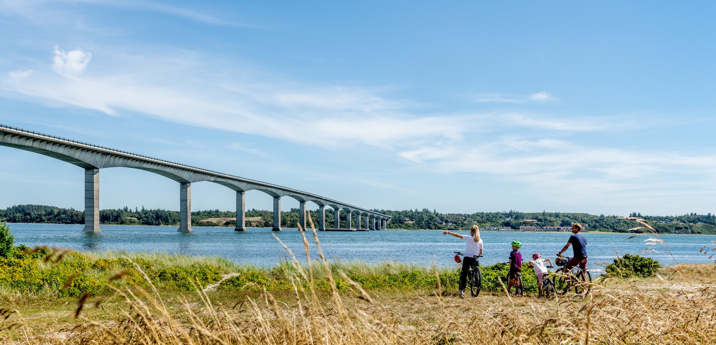 Familie cykeltur på Mors med Limfjorden og Sallingsundbroen i baggrunden